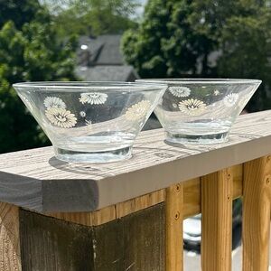 Vintage Todd Glass Clear Dessert/Nut Footed Bowls, White Floral Pattern (2)